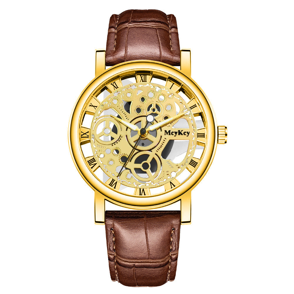 New men's watch - transparent case, skeleton design, simulated mechanical movement - men's leather strap quartz wristwatch - in stock, wholesale available