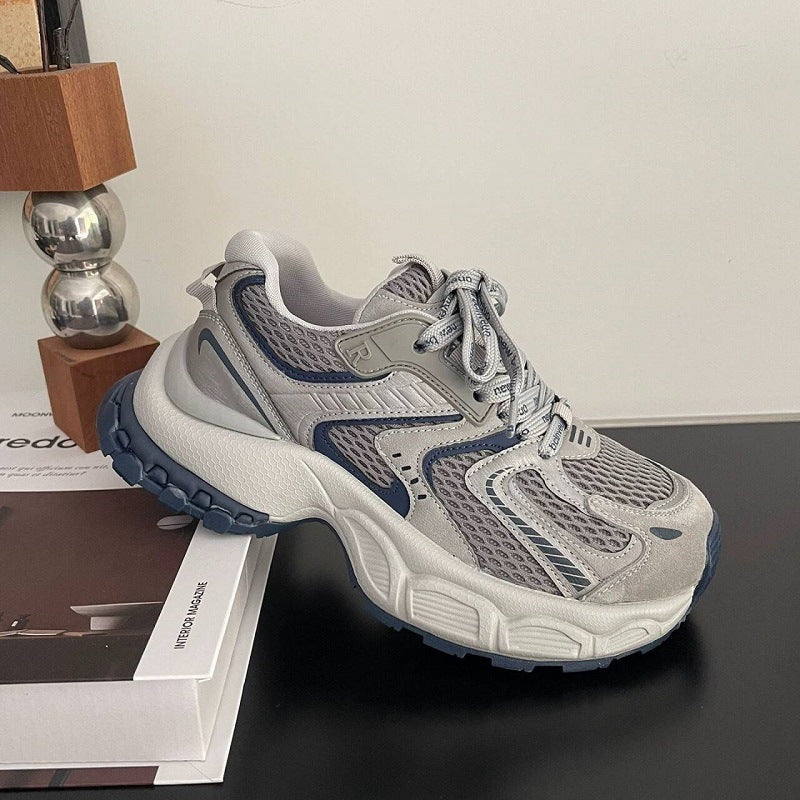 Chunky platform monster dad shoes - women's trendy ins style, spring 2026 new arrival, versatile retro silver-gray athletic casual sneakers