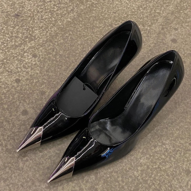 Xd huizhou autumn new patent leather flats wool flats black stiletto heel european and american fashion elegant metal pointed toe