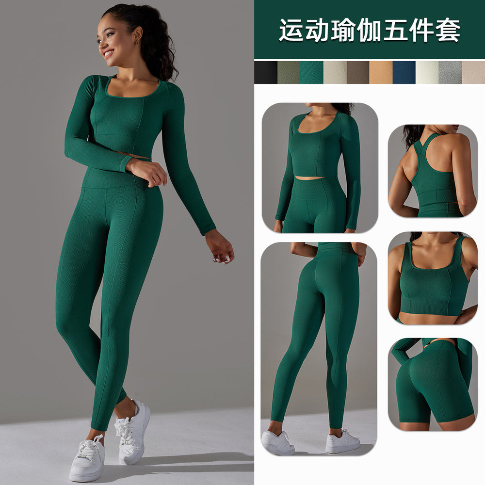 European and american cross-border new seamless five-piece jacquard knit yoga set - high-waisted, butt-lifting leggings, workout outfit