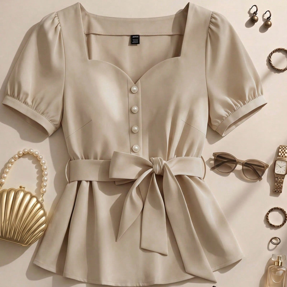 Simple square neck heart-shaped collar solid color blouse with puff sleeves and belted waist – slimming and elegant women's apparel, 1688 source