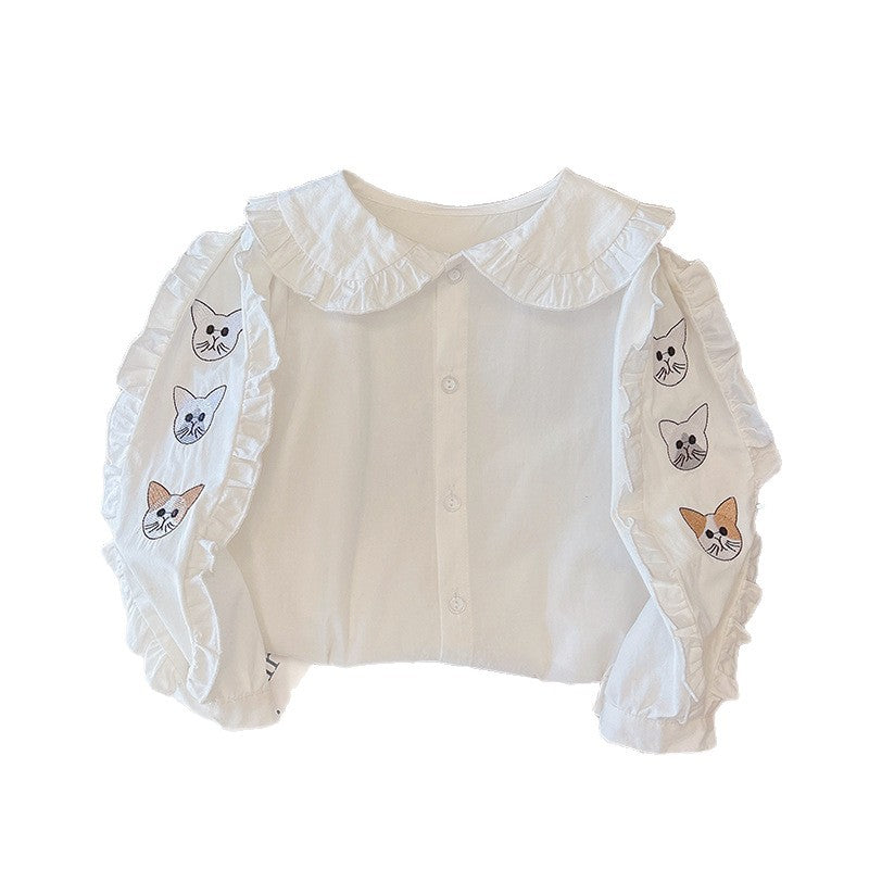 spring/autumn new collection: pure cotton embroidered girls' blouse - long sleeve baby doll collar shirt with turn-down collar