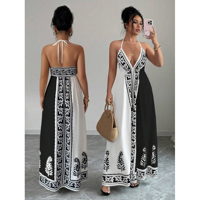 Amazon bohemian chic beach vacation print v-neck backless maxi slip dress