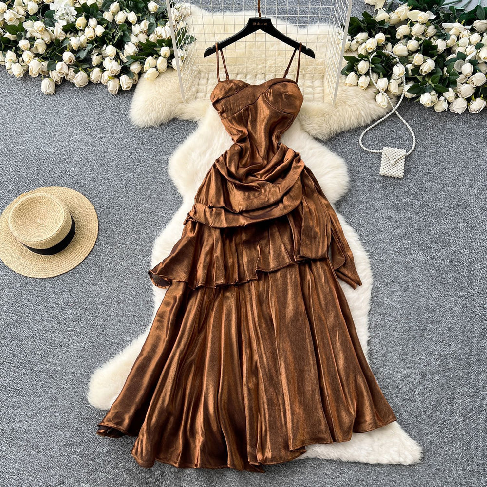 French goddess style design square neck bandeau strap ruched waist ruffle hem mini dress long gown