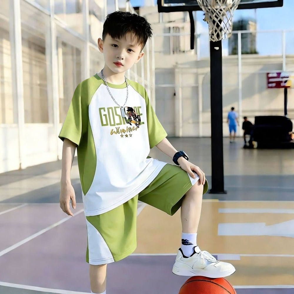 Kids'  short-sleeve & shorts set - trendy boys' basketball outfit - mid-to-large size - new summer sports two-piece set for boys