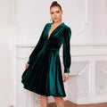 Amazon women's european and american style gold velvet v-neck midi dress,  spring new arrival solid color puff sleeve dress