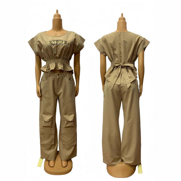 New Middle East and Africa  women's clothing, round neck waist printed short sleeves, multi-pocket loose straight pants set