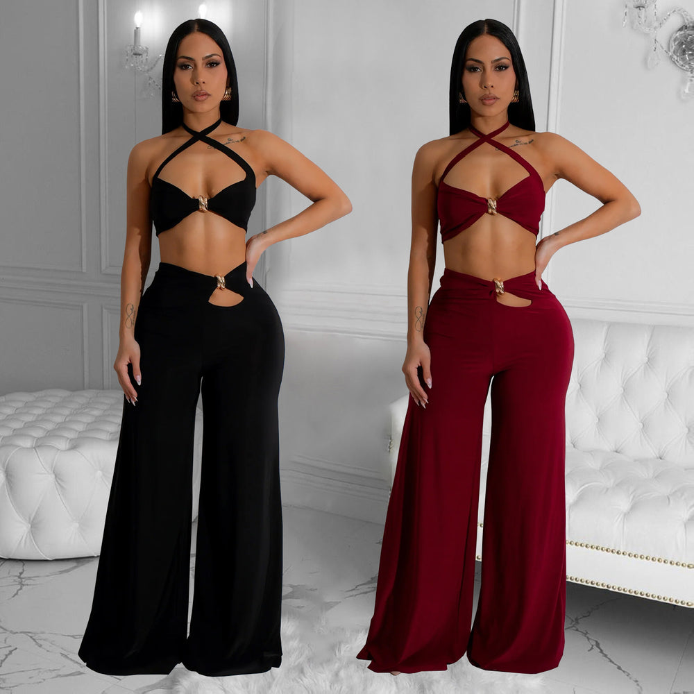C7236 cross-border   fashion women's solid color sexy bandeau top and pants two-piece set - new arrival