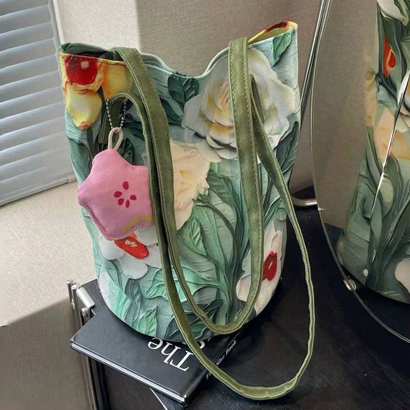 2024 new oil painting floral niche high-end shoulder bag, versatile, large capacity commuter bucket bag for women - stunning design
