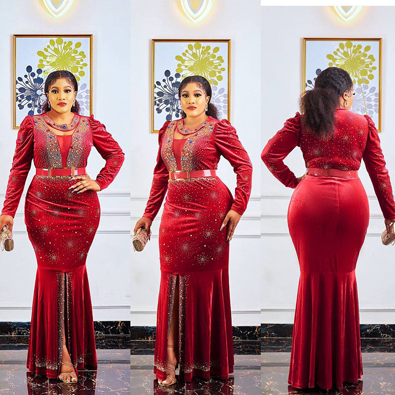 Jenny's factory direct export: gold velvet rhinestone embellished luxury slim-fit mermaid long sleeve maxi dress - african women's clothing