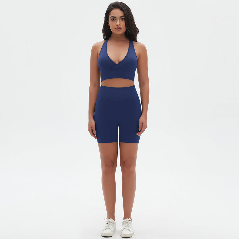 seamless knitting high-elastic tight sexy yoga suit cross-shaped back running fitness two-piece set