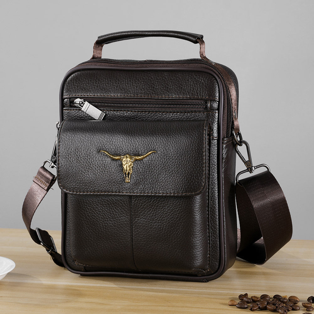 Casual shoulder messenger bag, men's leather satchel handbag, first-layer cowhide shoulder bag, large-capacity men's bag.