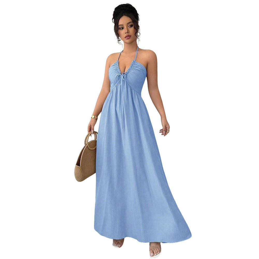 summer new arrival:  cross-border halter neck backless maxi dress - cinched waist, slimming, perfect for beach vacations