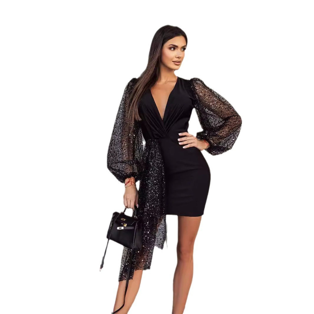 European and american cross-border chic women's clothing:  autumn new collection - lantern sleeve v-neck ruched bodycon sexy mini dress