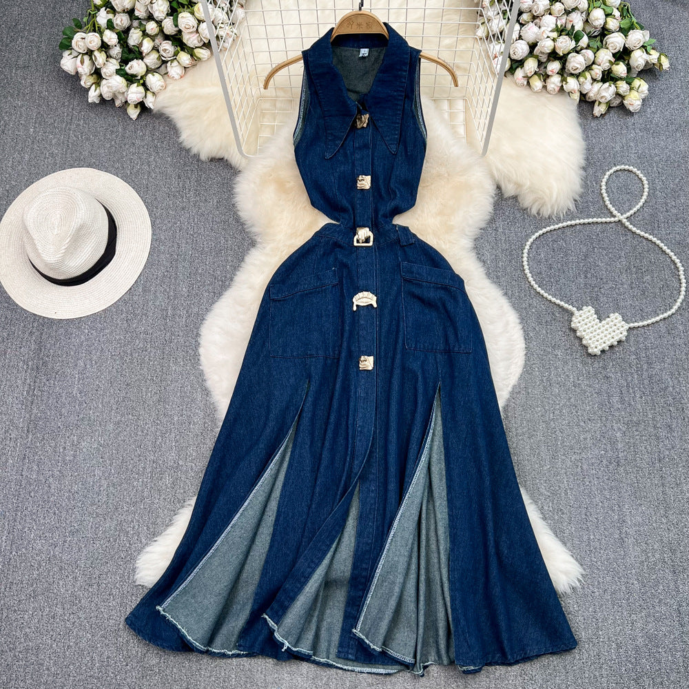 Retro lapel cut out waist exposed waist slimming look sleeveless single breasted a-line slit denim dress casual long skirt