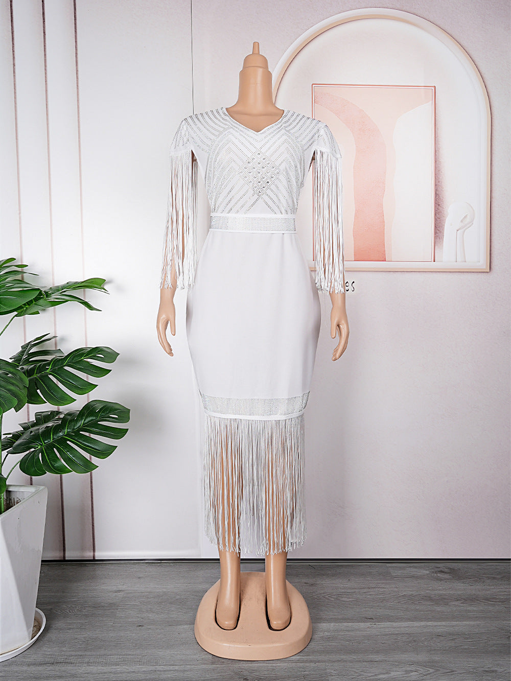 new european and american plus size women's clothing for cross-border e-commerce: african-style rhinestone and tassel dress for  and