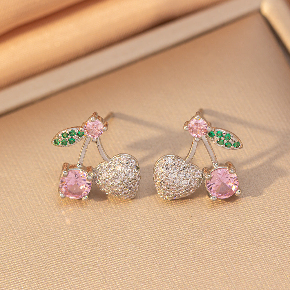 [set] sweet copper inlaid with zirconium and full diamond cherry necklace for women, earrings, versatile and elegant, high-end clavicle chain jewelry