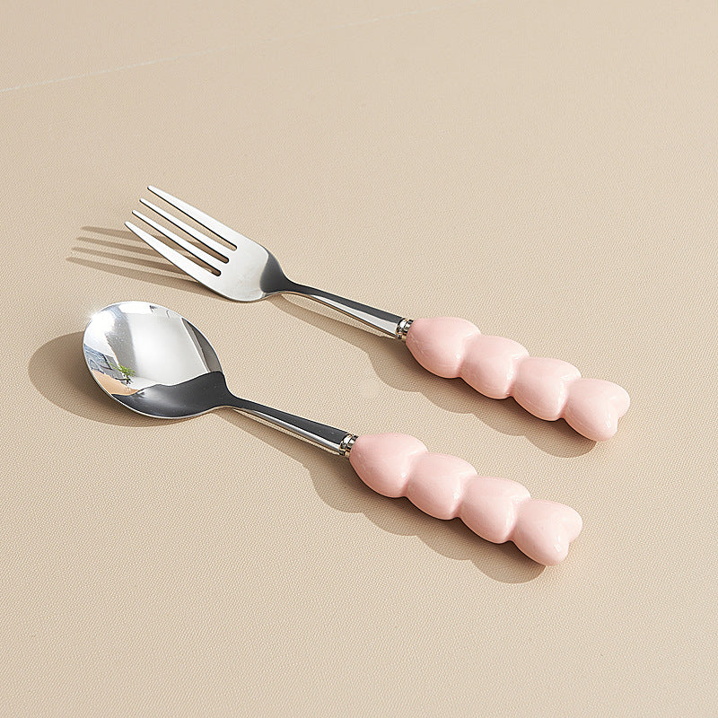 Heart-shaped ceramic stainless steel fork and spoon set - high-temperature underglaze decoration - wedding & celebration dinnerware - wholesale
