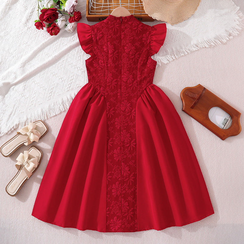 Girldress cross-border children's clothing summernew arrival red chinoiserie heavy industry embroideredpatchwork waist dress princess dress