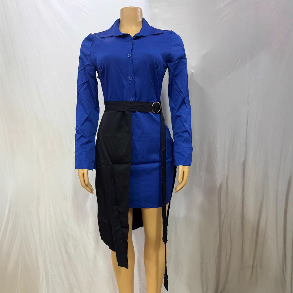 Cross-border European and American new models with belt lapel half cardigan waist hip wrap long sleeve color matching irregular dress women's clothing