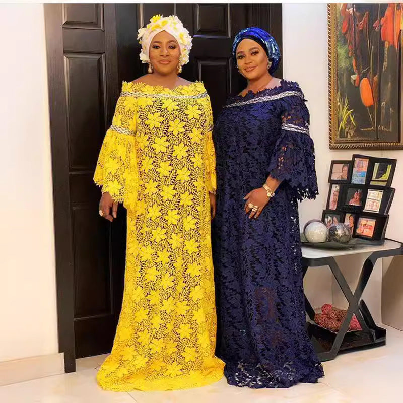 Special offer: african women's lace loose plus size robe dress with flared sleeves, fashionable long dress with matching headscarf