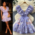 K-style floral sleeveless waistless dress women's summerrufflesv neckhigh waist a-line skirt work clothing pink skirt