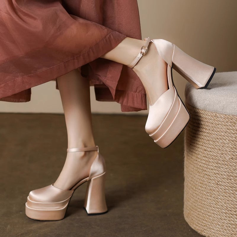 French satin wedding shoes white main wedding dress bridal shoes tired feet petites high heels thick heel waterproof platform with skirt