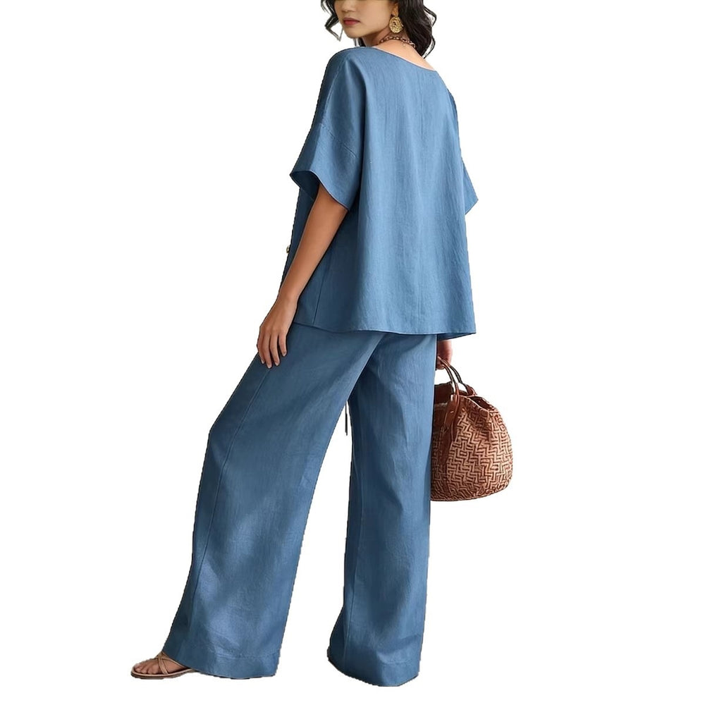 european and american cross-border women's fashion casual solid color v-neck loose short sleeve top and drawstring pants two-piece set