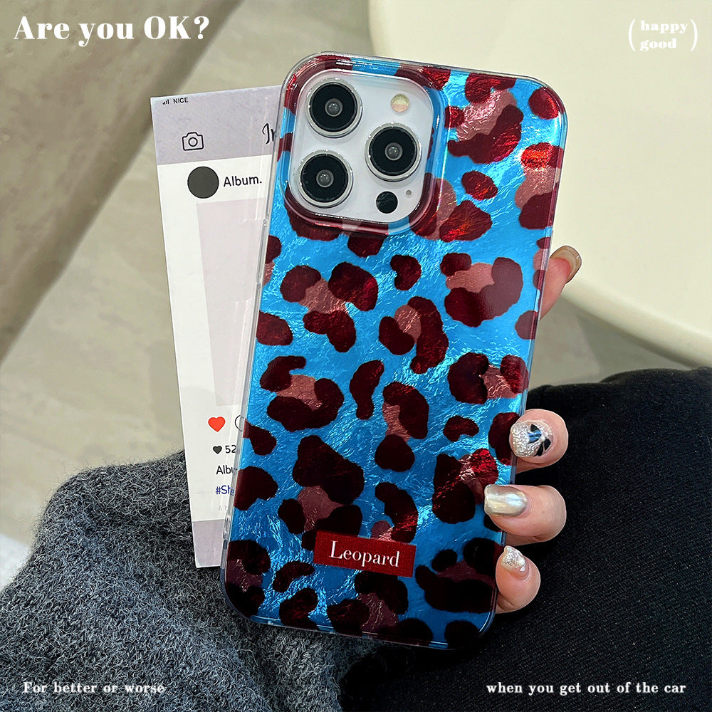 Blue and brown leopard print swirl case, compatible with apple 16 pro max, iphone 15, and iphone 14