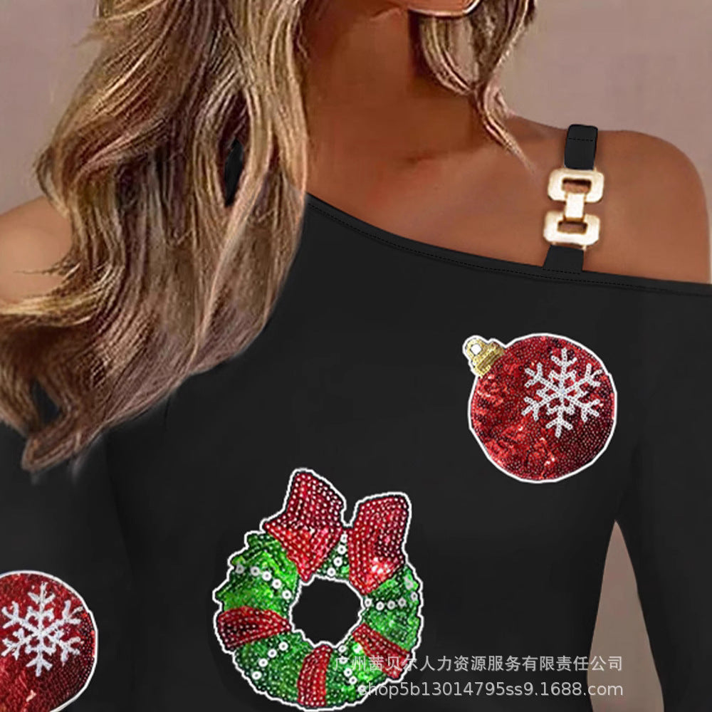 Chain slanted shoulder christmas beads ironing top