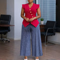 D632 european and american cross-border fashion sleeveless button-up solid color v-neck top with printed pleated wide-leg pants african two-piece set