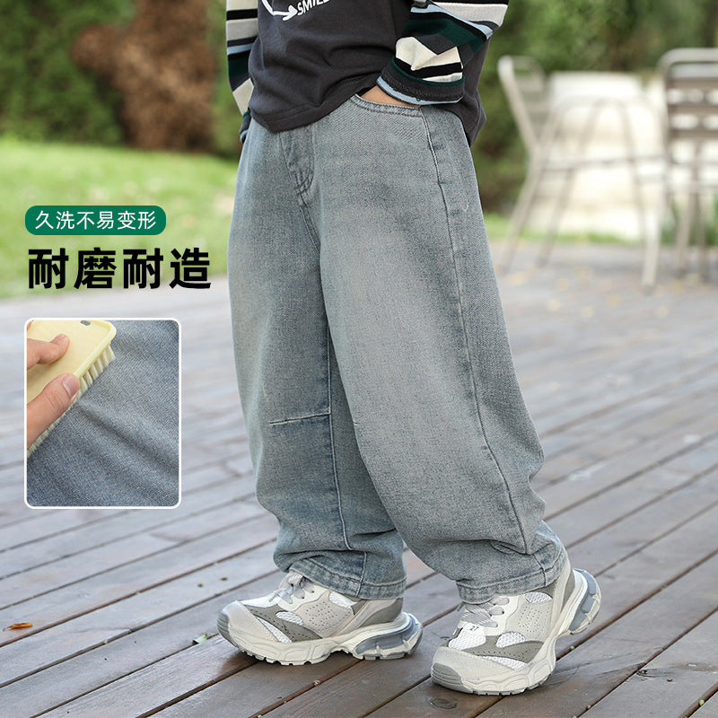 Nezha boys' jeans spring collection: mid-to-large size straight-leg, loose-fit trousers,  new style, scimitar pants, trendy