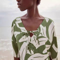 European and american cross-border women's fashion:  autumn new arrival - short sleeve v-neck plant print butterfly tie casual dress