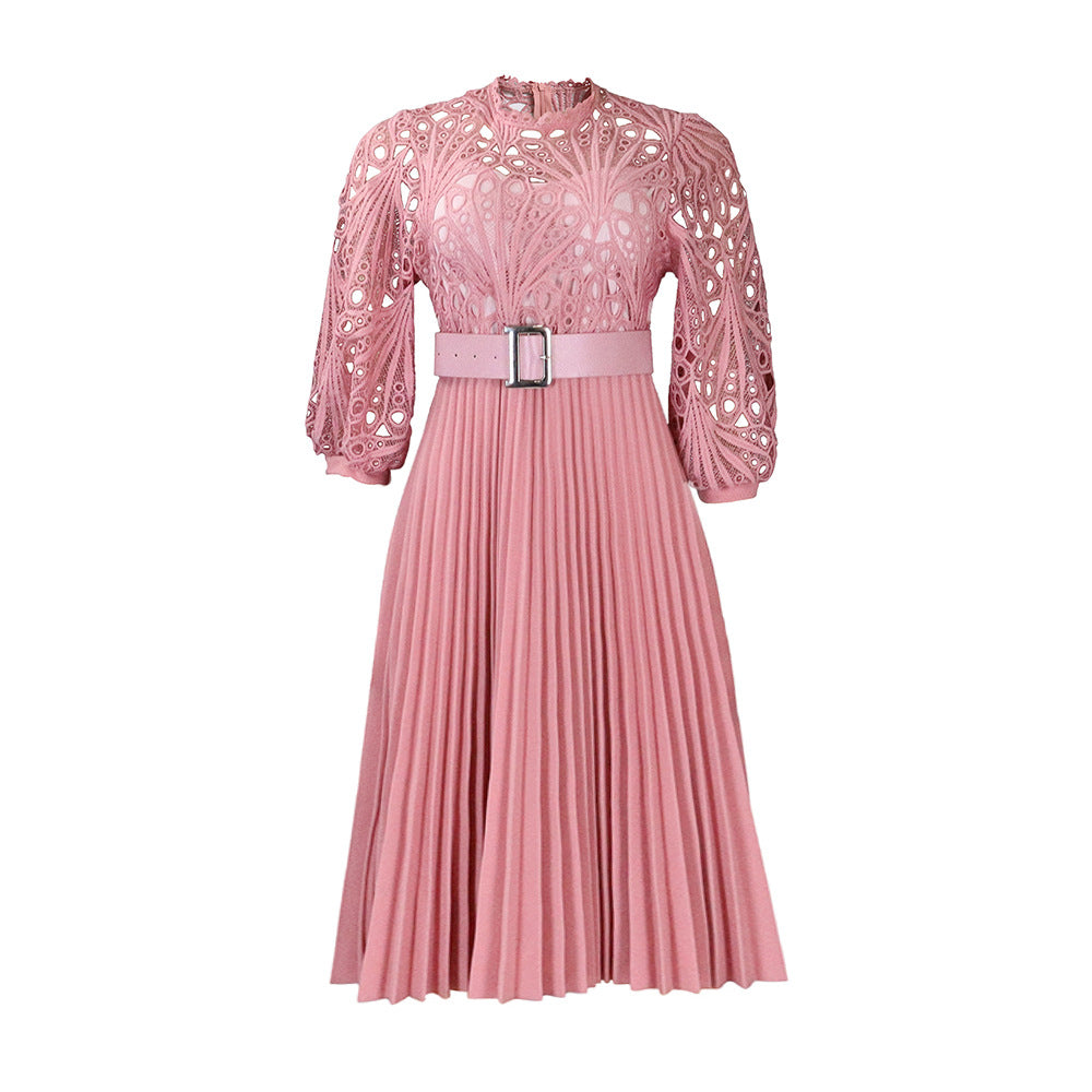Amazon foreign trade women's clothing  new fashion plus size lace crochet sexy hollow-out pleated european and american style dress