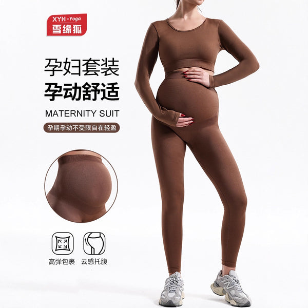 Cross-border autumn and winter maternity suit women's high-waisted support without belly control yoga maternity pants solid color bottoming long-sleeved top