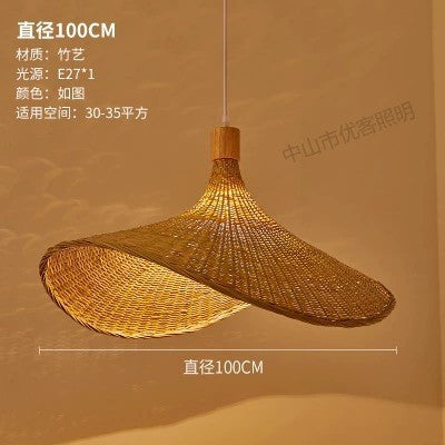 Cross-border Bamboo Chandelier New Chinese Tea Room Rattan Art South East Asia Japanese Lighting Straw Hat Light Tea House Antique Lampshade