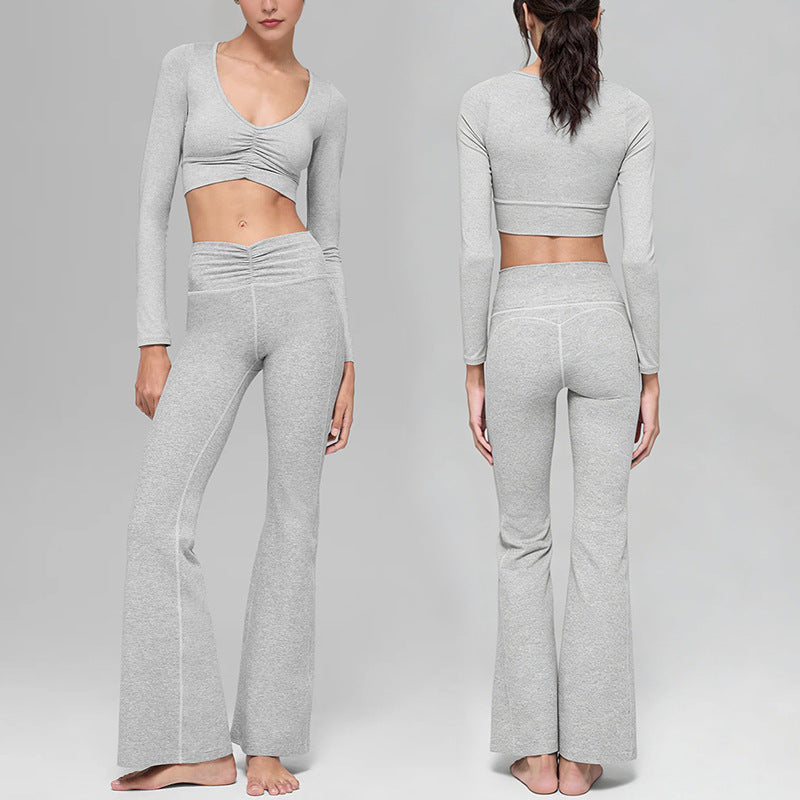 New arrival cationic high elastic yoga suit shirred drapedloose loose wide leg pants sports long sleevestops women