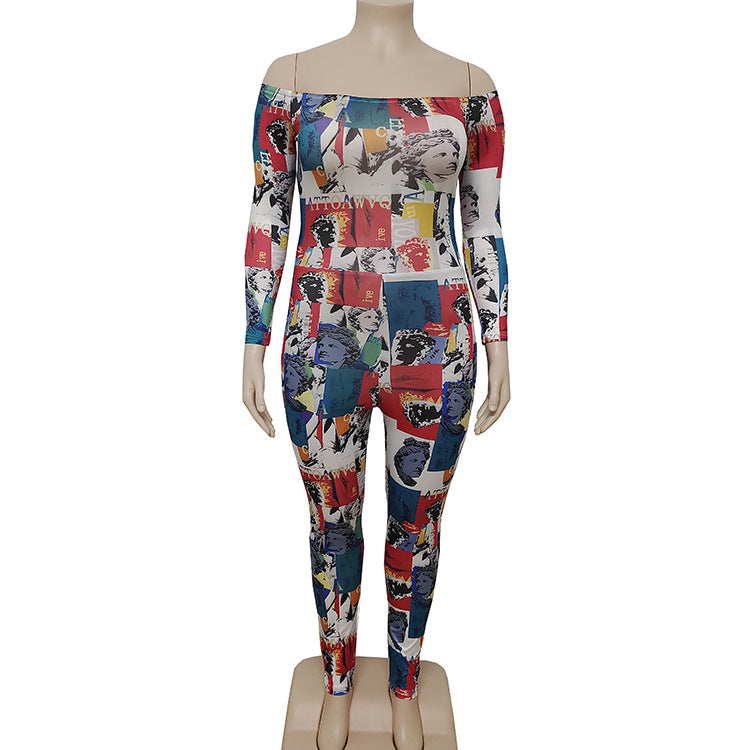 Hot-selling european and american cross-border women's clothing:  street style character print, off-the-shoulder, long-sleeved, stretchy jumpsuit