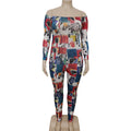 Hot-selling european and american cross-border women's clothing:  street style character print, off-the-shoulder, long-sleeved, stretchy jumpsuit