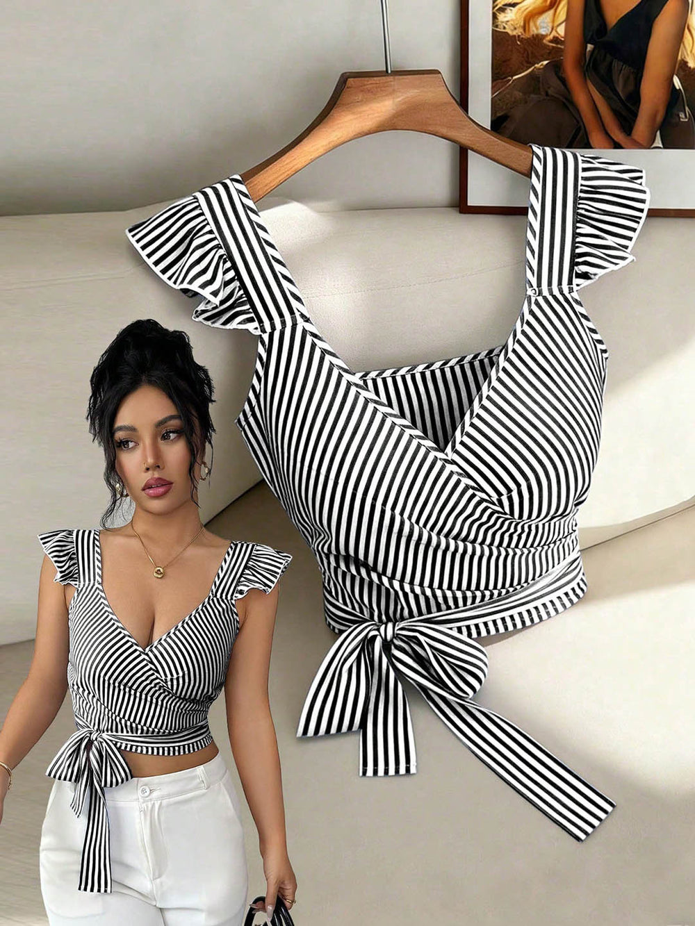 Summerfrenchstripesshorttopsv neck flying sleeves cross wrap side bowsilm navel-baring vest