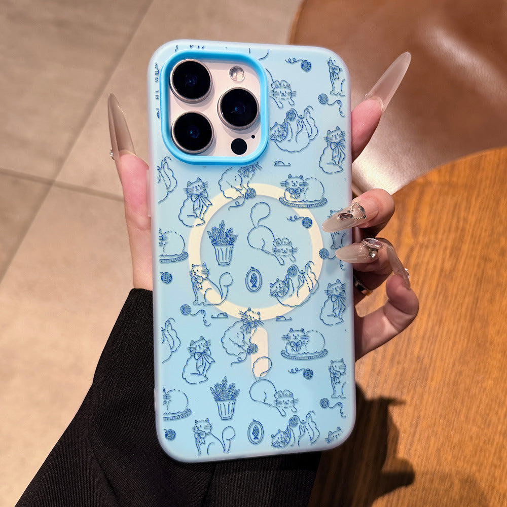 Candy color iphone 16 magnetic phone case - light blue cartoon blue cat yarn ball apple 16 cute protective cover