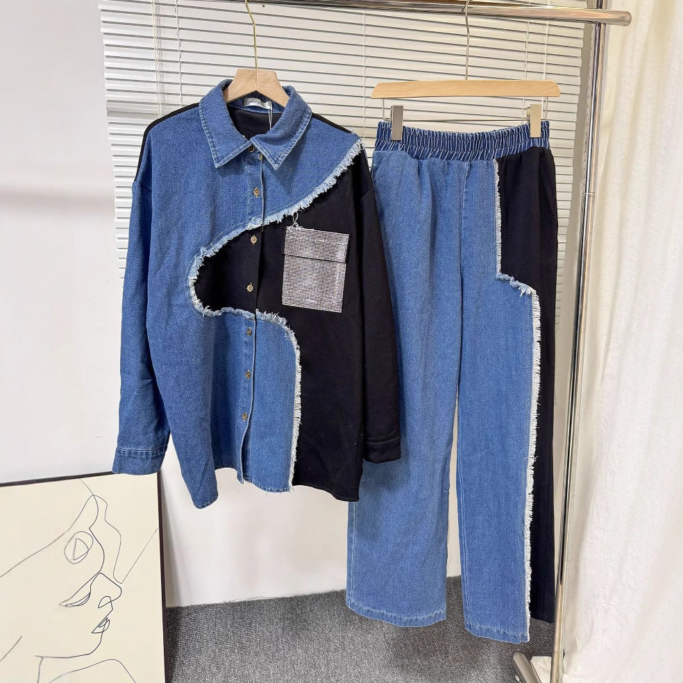 Hong kong style retrocasualsuit women's k-stylecontrast colorpatchwork denim shirt + high waistlooseloose pantstwo-piece set