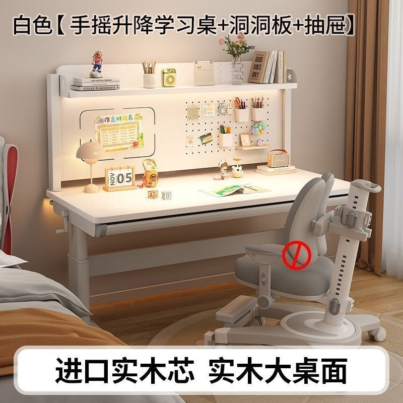 Children's study table solid wood hand-operated adjustable large white table for home bedroom primary school students study desk and chair study table