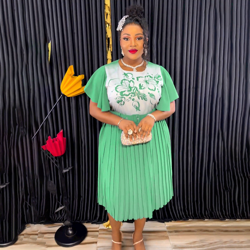 Aliexpress women's printed dress african cross-border trade new style maternity plus size pleated skirt with belt