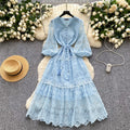 French chic high-end elegant dress - women's premium tie-waist lantern sleeve embroidered mesh a-line midi dress