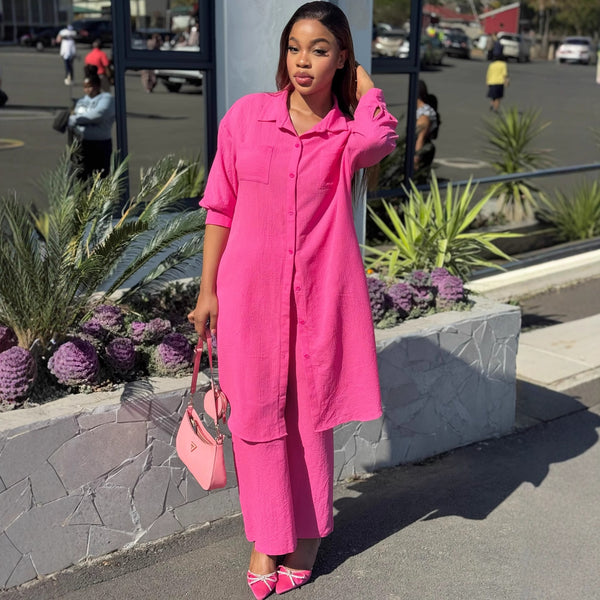 European and American large-size women's clothing long-sleeved solid-color cardigan long shirt top women's African casual solid-color wide-leg pants set