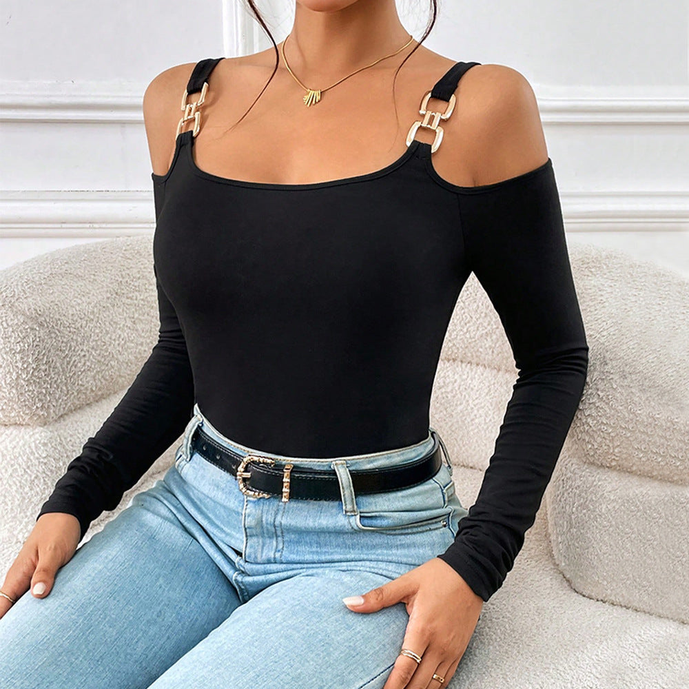 european and american women's clothing  fall/winter metallic hook long sleeve tank top ribbed knit slim fit solid color elegant top