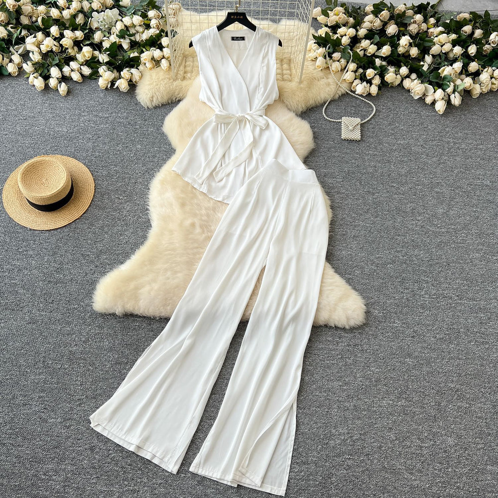 Light mature style summer dress for women new arrivalsense of design strap waist sleeveless satintopshigh waist slit mop pants pants