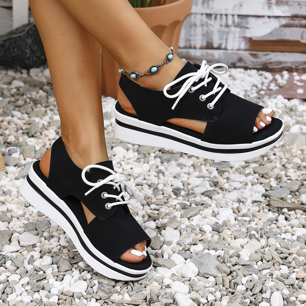 cross-border e-commerce new arrival: casual plus-size peep-toe foam wedge heel platform sandals with front tie