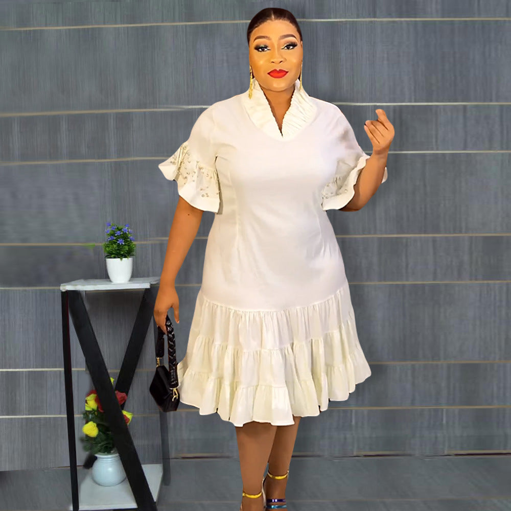 Aliexpress  new european and american cross-border trade african women's plus size five-sleeve pleated ruffle hem dress